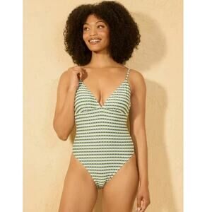 Shade & Shore Size M Geo Jacquard High Leg Cheeky One-Piece Swimsuit Green Blue